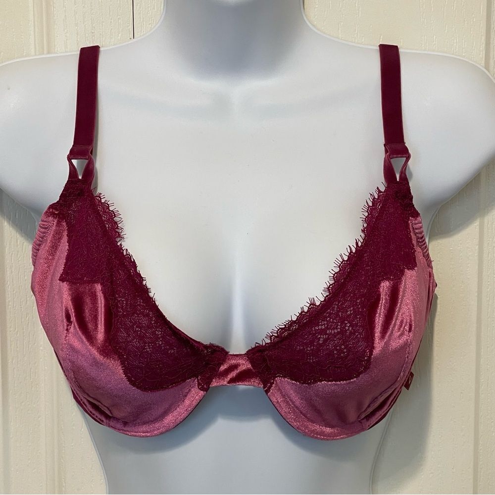 Victoria’s Secret Unlined Demi Velvet Lace and Polkadot Bra Wine Color 34DDD